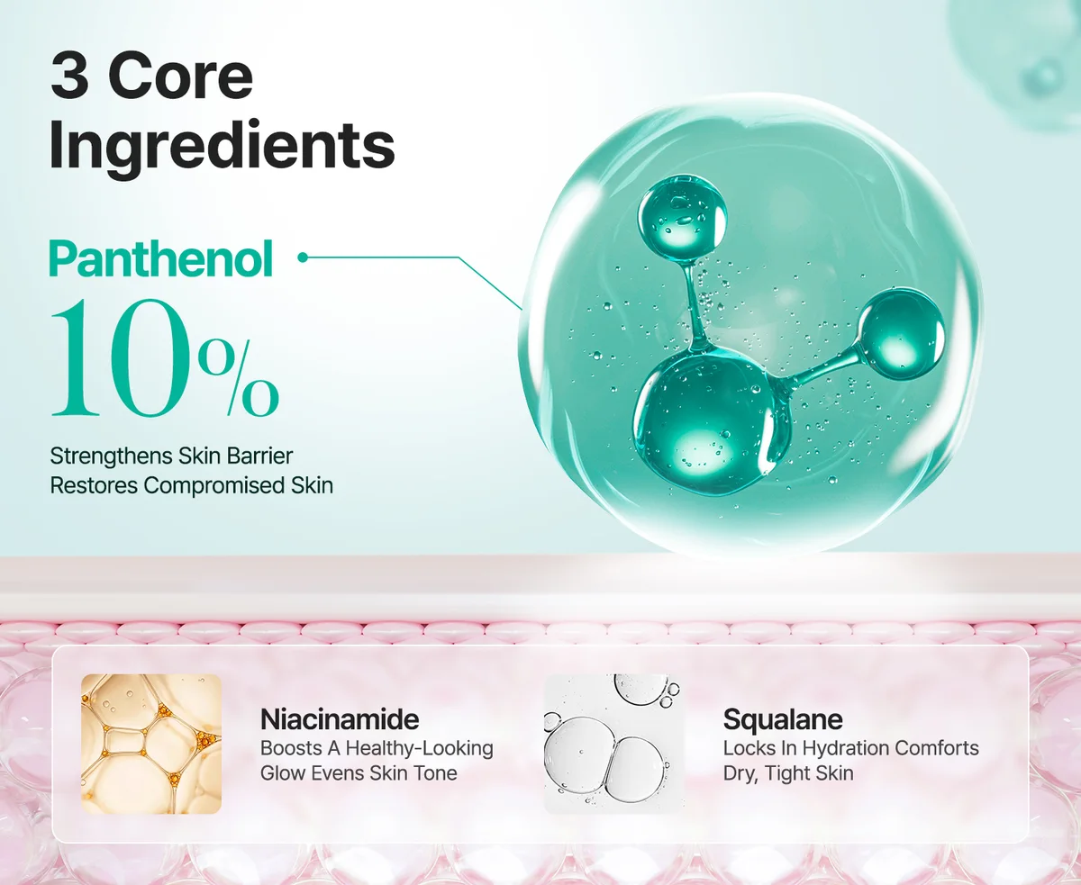 3 core ingredients: Panthenol 10%, Niacinamide, Squalane