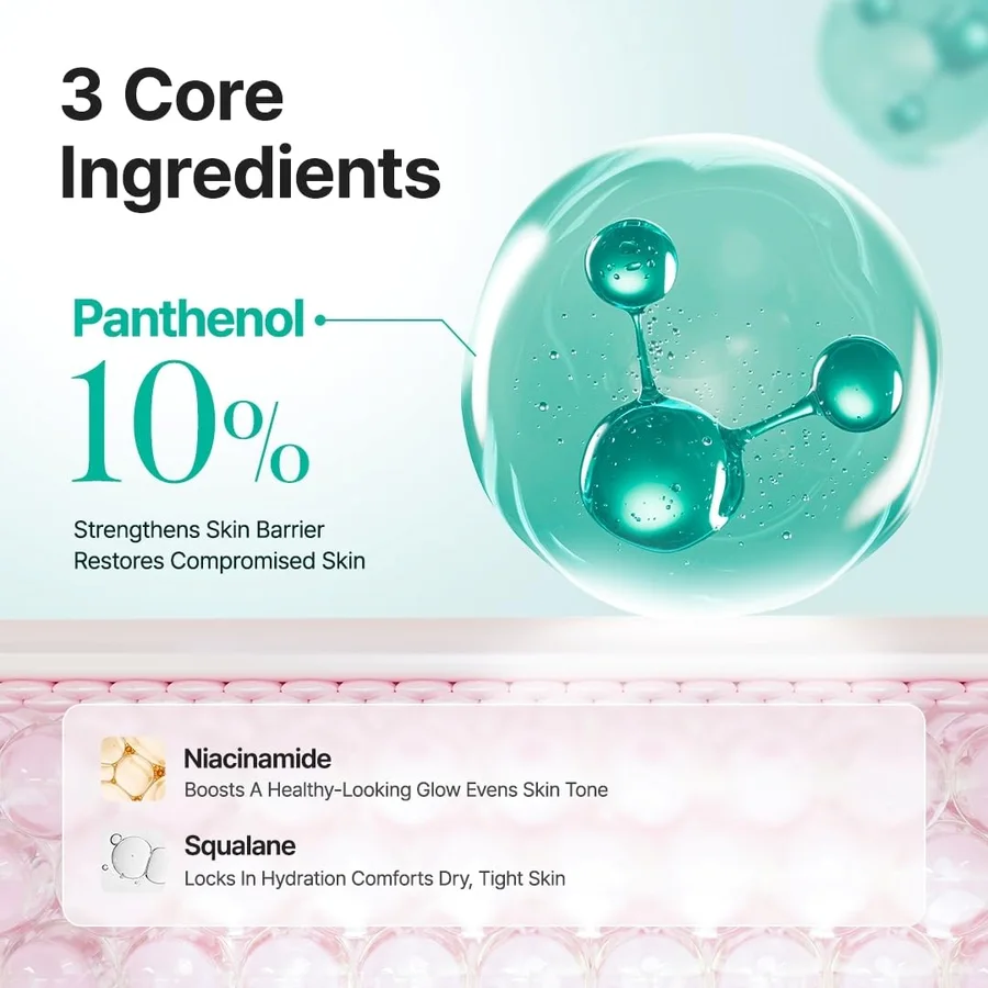 3 core ingredients: Panthenol 10%, Niacinamide, Squalane